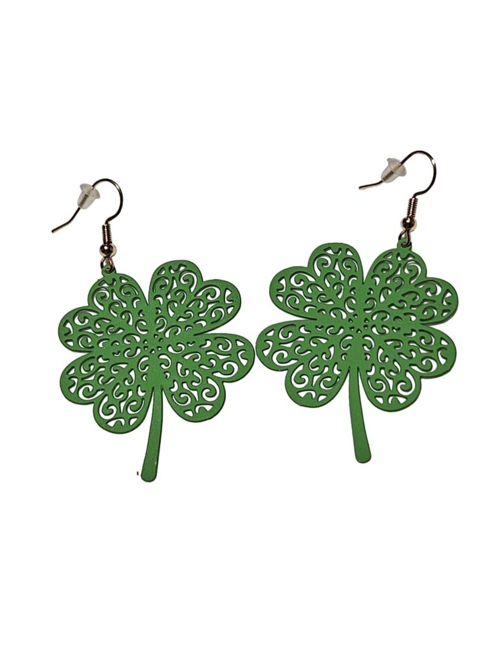 Four Leaf Clover Dangle Earrings Green Filigree Lucky St Patricks Day Jewelry